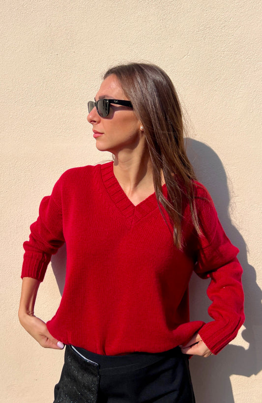 CAPO 04: RED V-NECK SWEATER IN A WOOL BLEND