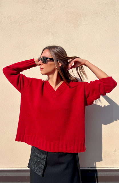 CAPO 04: RED V-NECK SWEATER IN A WOOL BLEND